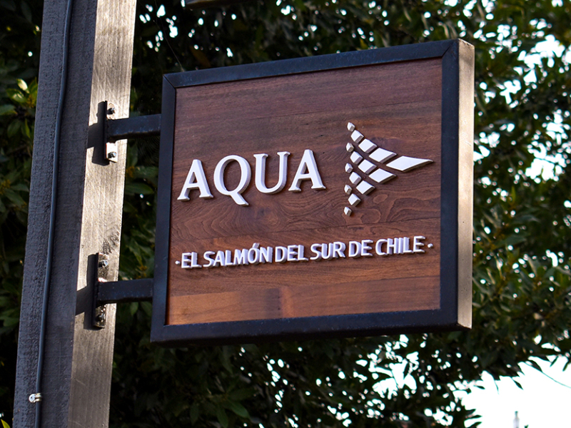 Aqua Chile — Rompetráfico de mañío teñido, con logotipo volumétrico.