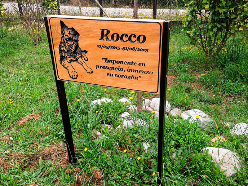 Letrero recuerdo "Rocco" — Letrero tallado en mañío.