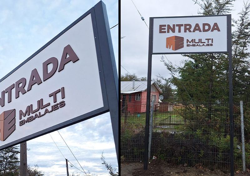 Multiembalajes — Letrero de acceso, aluminio compuesto con logo volumétrico.